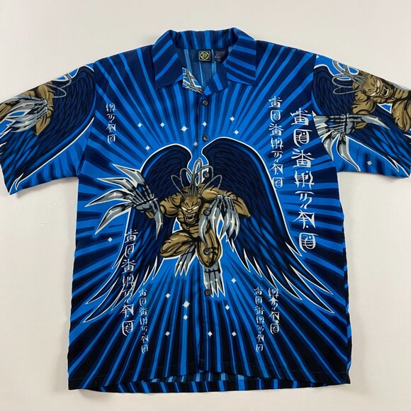 Vintage 90s Y2K Gargoyle Anime All Over Print Shirt Mens Large Button Up Monster - Picture 9 of 9